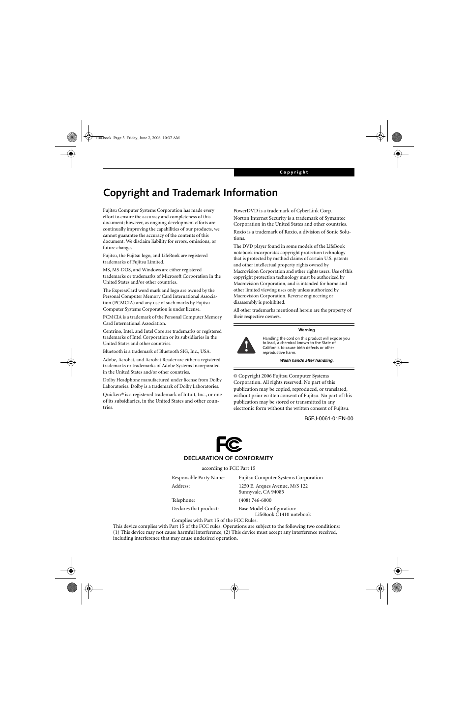 Copyright and trademark information | FUJITSU C1410 User Manual | Page 3 / 112