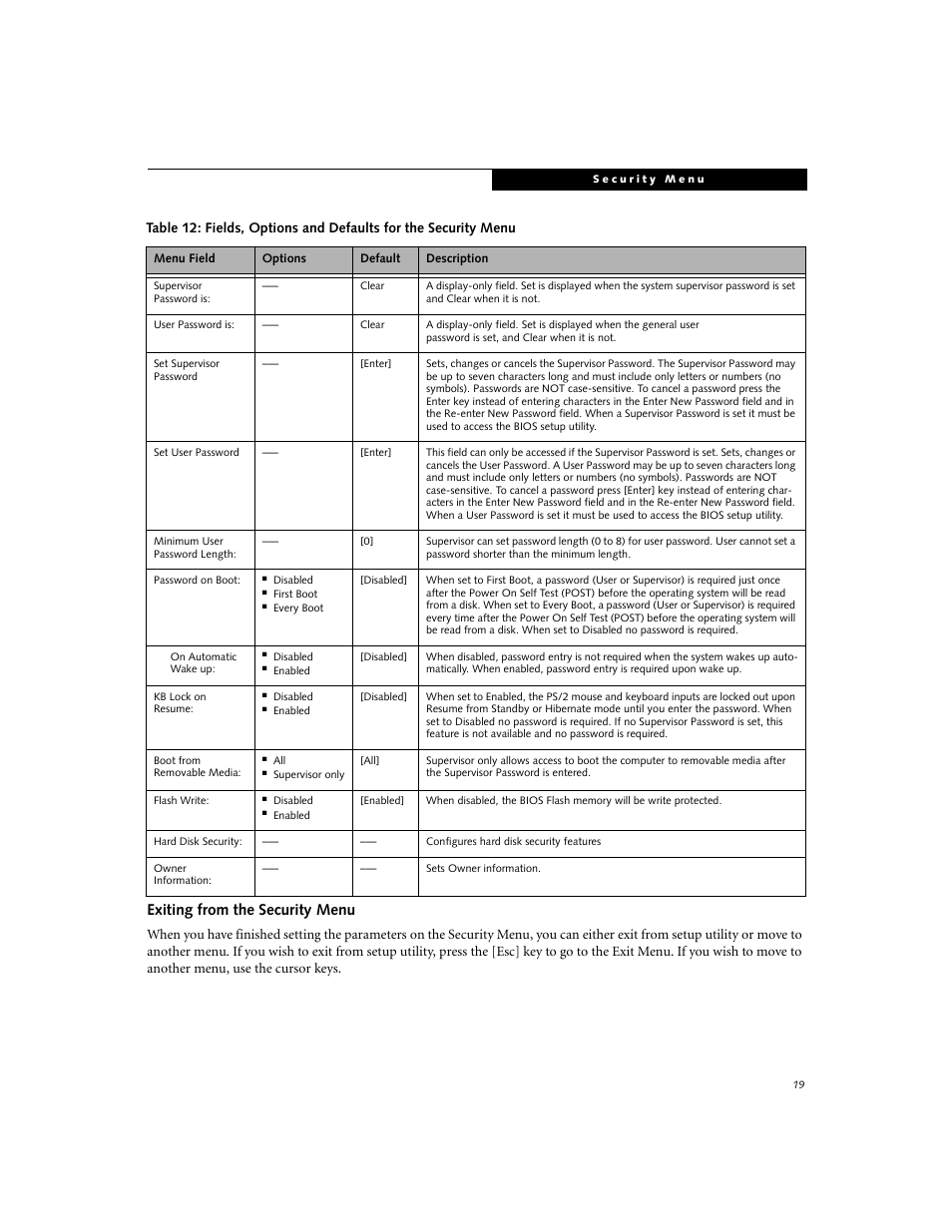 Exiting from the security menu | FUJITSU A6010 User Manual | Page 19 / 26