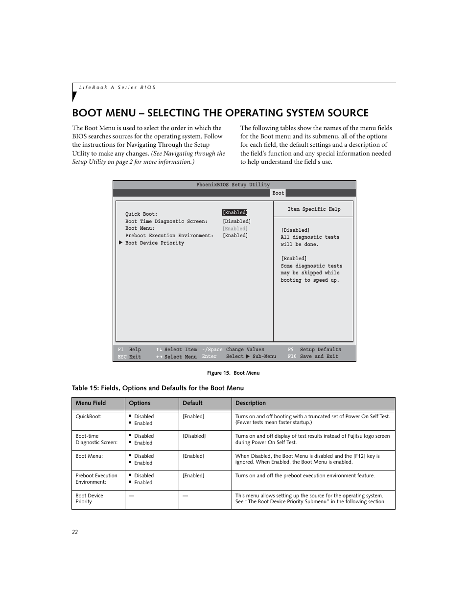 Boot menu - selecting the operating system source, Boot menu – selecting the operating system source | FUJITSU A6010 User Manual | Page 22 / 26