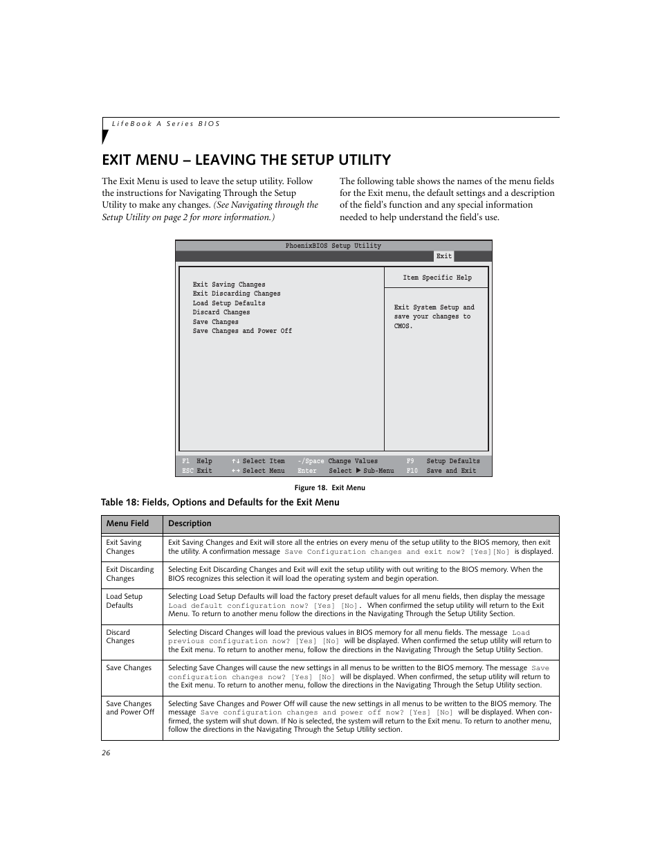 Exit menu - leaving the setup utility, Exit menu – leaving the setup utility | FUJITSU A6010 User Manual | Page 26 / 26