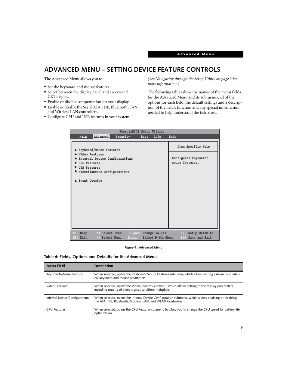 Advanced menu - setting device feature controls, Advanced menu – setting device feature controls | FUJITSU A6010 User Manual | Page 9 / 26