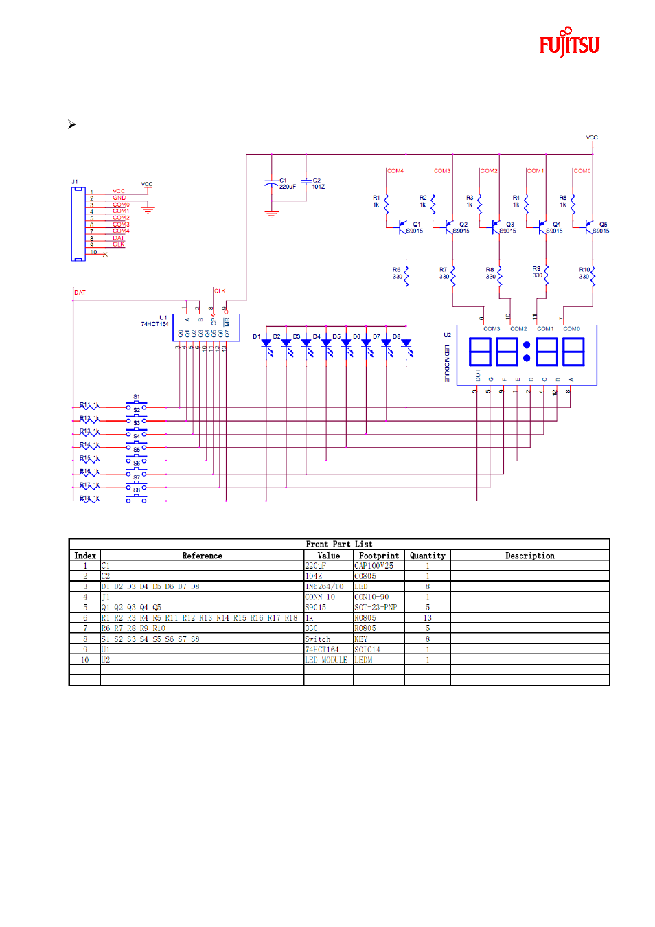 Appendix, Front board sch and bom-list | FUJITSU FMC-8FX FAMILY MB95F430 User Manual | Page 16 / 18