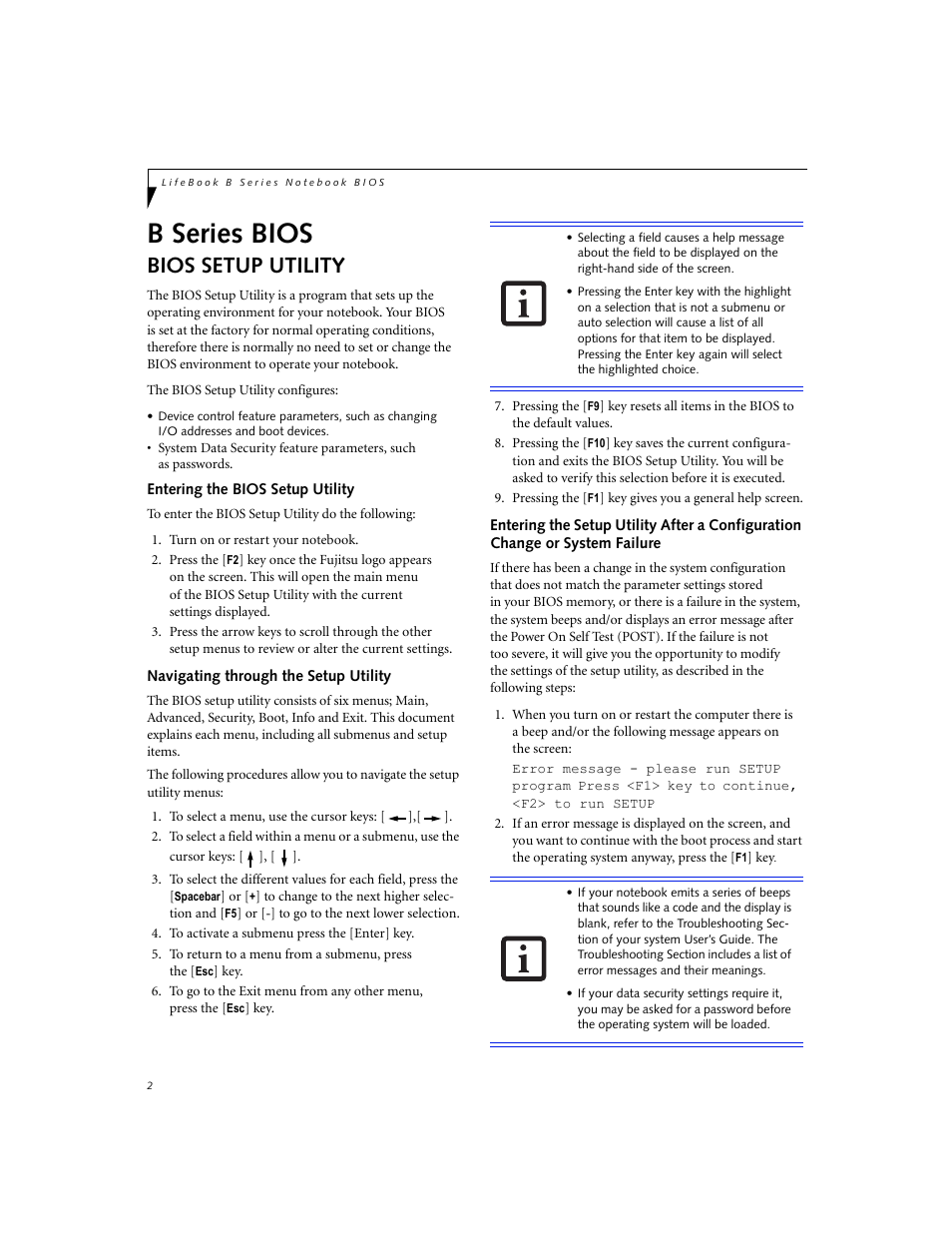 Bios setup utility, Entering the bios setup utility, Navigating through the setup utility | B series bios | FUJITSU B3000 User Manual | Page 2 / 28