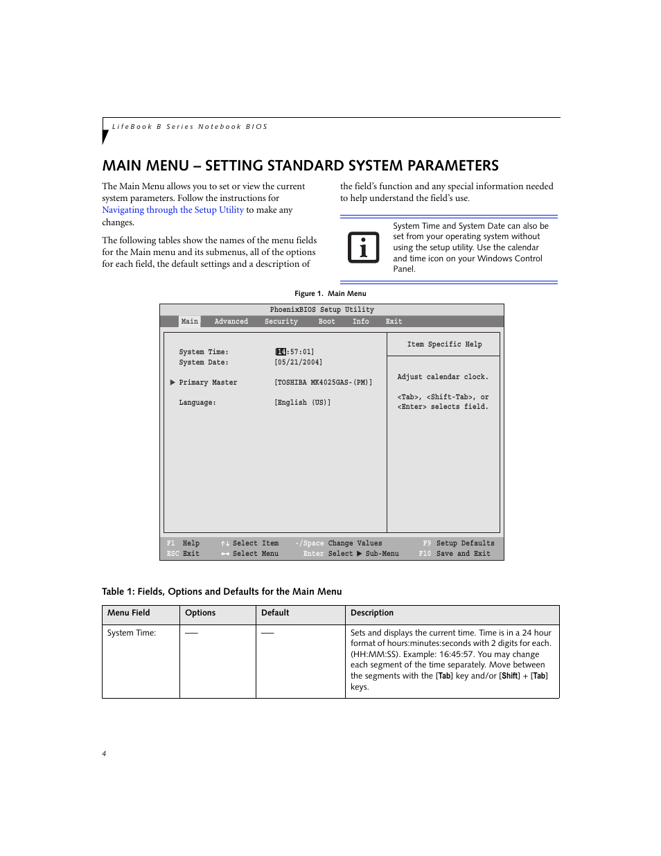 Setting standard system parameters, Main menu – setting standard system parameters | FUJITSU B3000 User Manual | Page 4 / 28