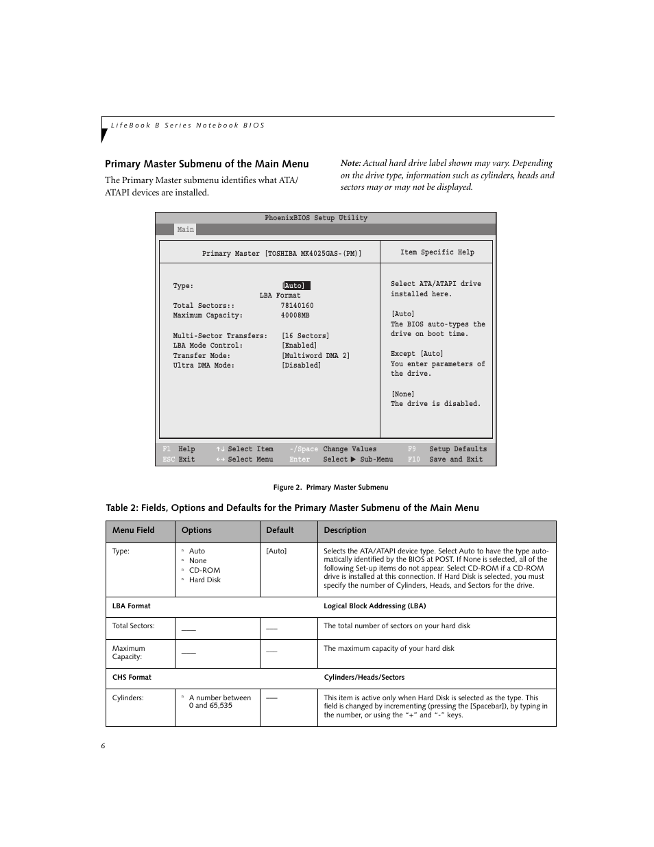 Primary master submenu of the main menu | FUJITSU B3000 User Manual | Page 6 / 28