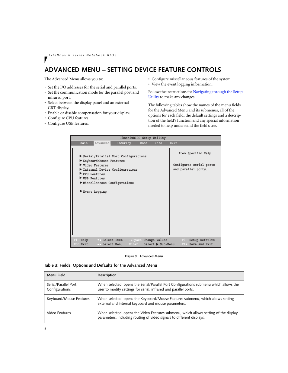 Setting device feature controls, Advanced menu – setting device feature controls | FUJITSU B3000 User Manual | Page 8 / 28