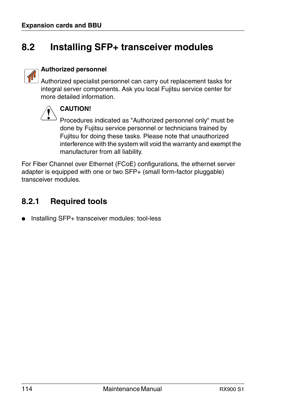 Installing sfp+ transceiver modules, Required tools, 2 installing sfp+ transceiver modules | 1 required tools | FUJITSU PRIMERGY RX900 S1 User Manual | Page 114 / 368