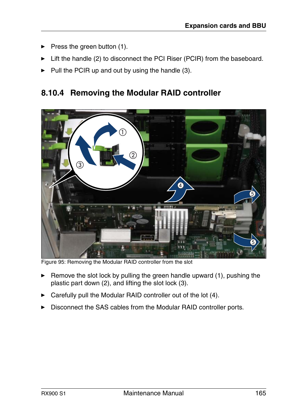 Removing the modular raid controller, 4 removing the modular raid controller | FUJITSU PRIMERGY RX900 S1 User Manual | Page 165 / 368