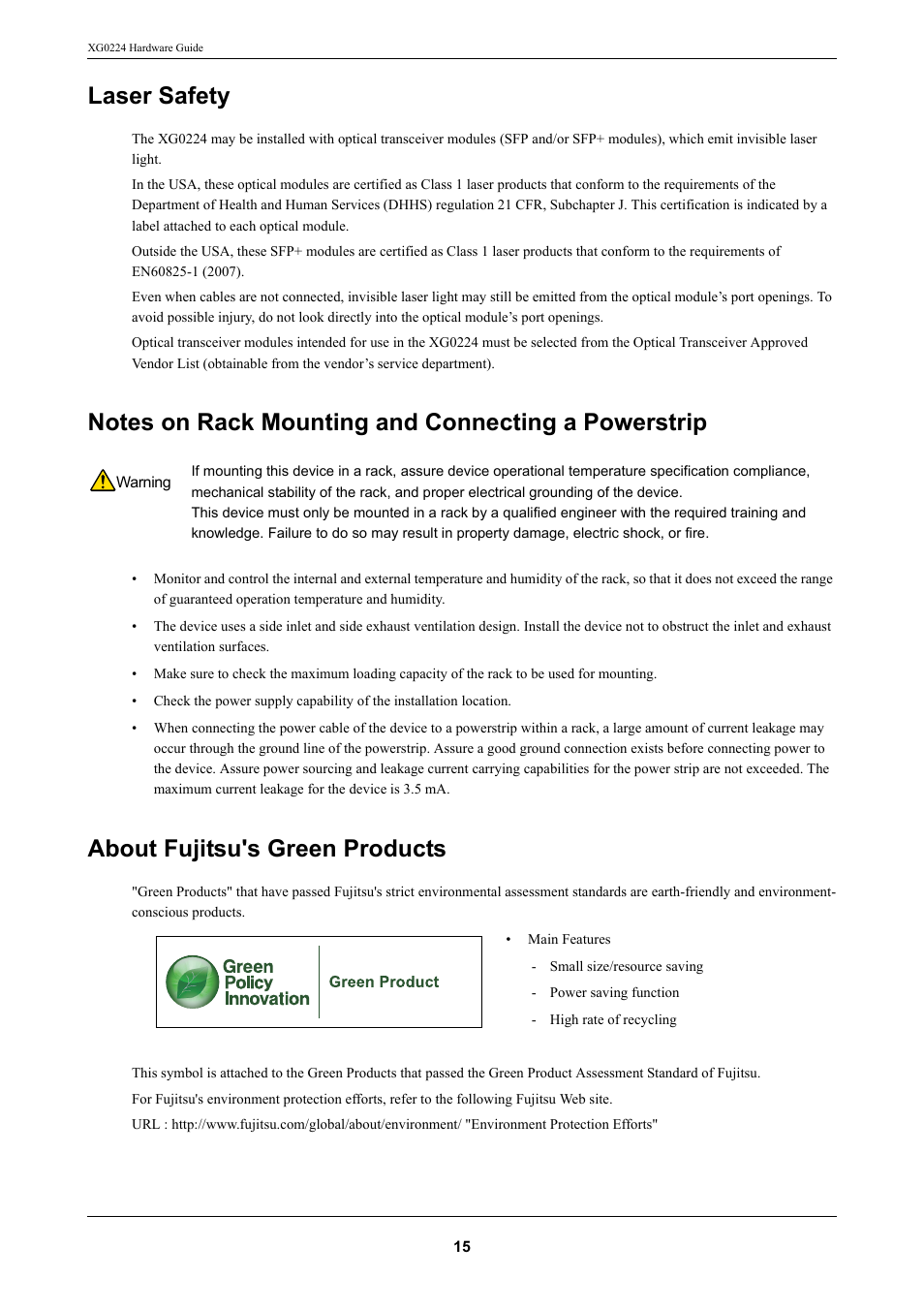 Laser safety, Notes on rack mounting and connecting a powerstrip, About fujitsu's green products | FUJITSU XG0224 User Manual | Page 15 / 47