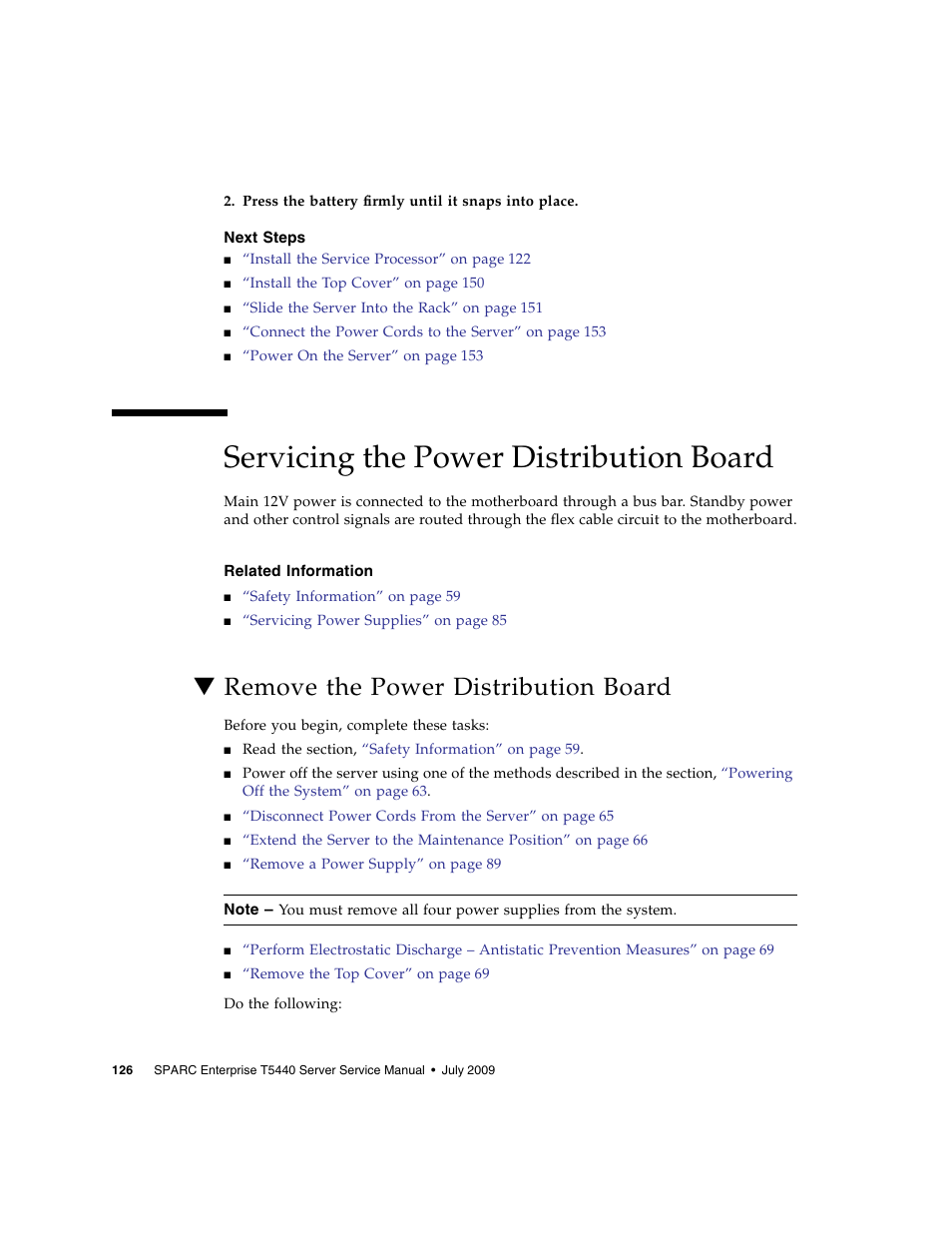 Next steps, Servicing the power distribution board, Related information | Remove the power distribution board | FUJITSU SPARC T5440 User Manual | Page 152 / 214