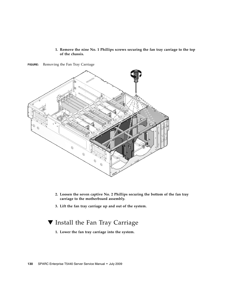 Install the fan tray carriage | FUJITSU SPARC T5440 User Manual | Page 156 / 214