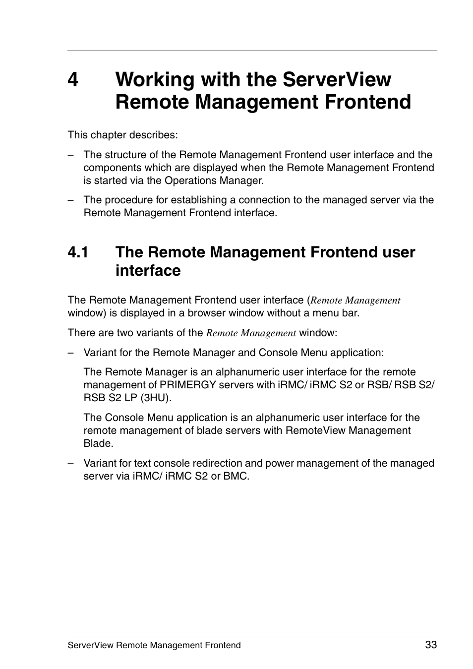 The remote management frontend user interface, 1 the remote management frontend user interface | FUJITSU Primergy ServerView Suite ServerView Remote Management Frontend V4.90 User Manual | Page 33 / 62