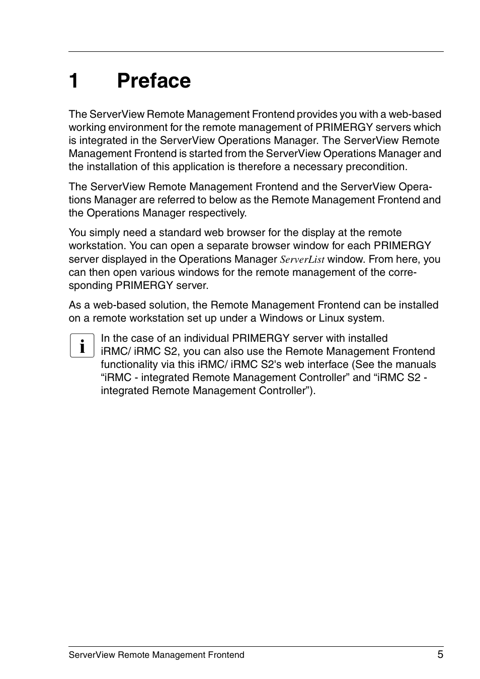 Preface, 1preface | FUJITSU Primergy ServerView Suite ServerView Remote Management Frontend V4.90 User Manual | Page 5 / 62