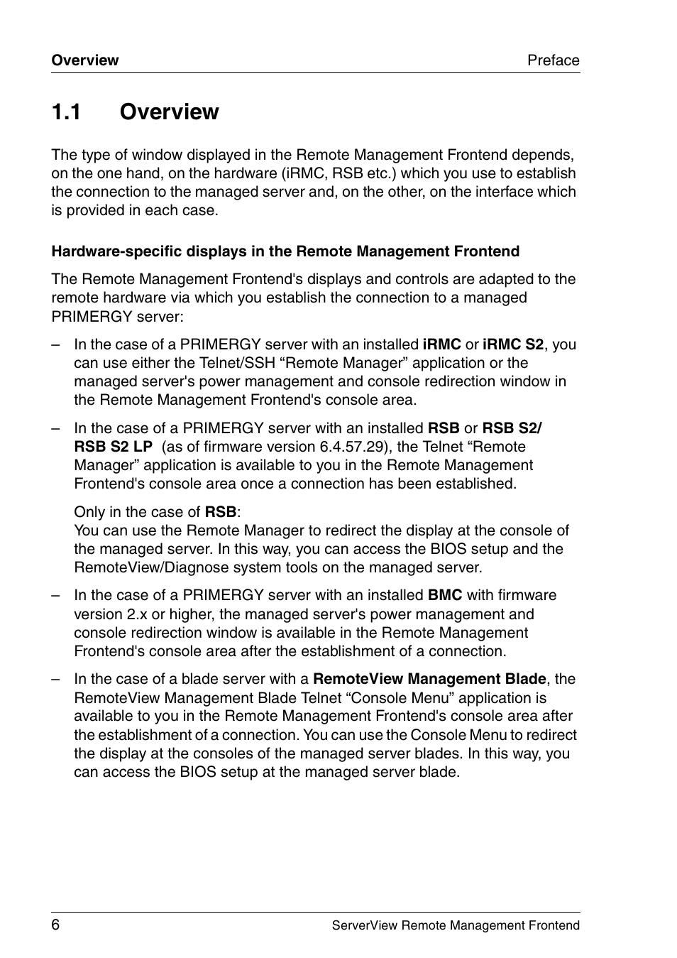 Overview, 1 overview | FUJITSU Primergy ServerView Suite ServerView Remote Management Frontend V4.90 User Manual | Page 6 / 62