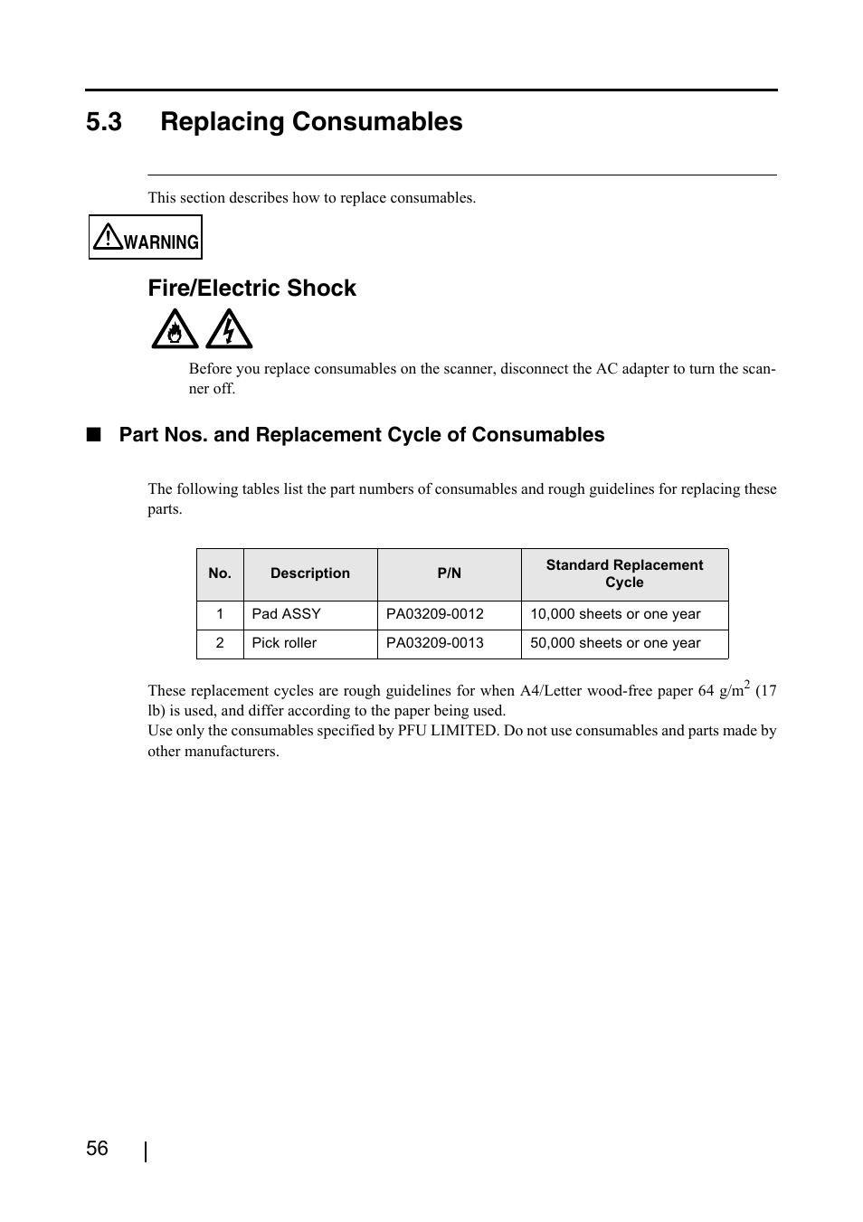 3 replacing consumables, Part nos. and replacement cycle of consumables, Fire/electric shock | FUJITSU fi-4110EOX2 User Manual | Page 72 / 91