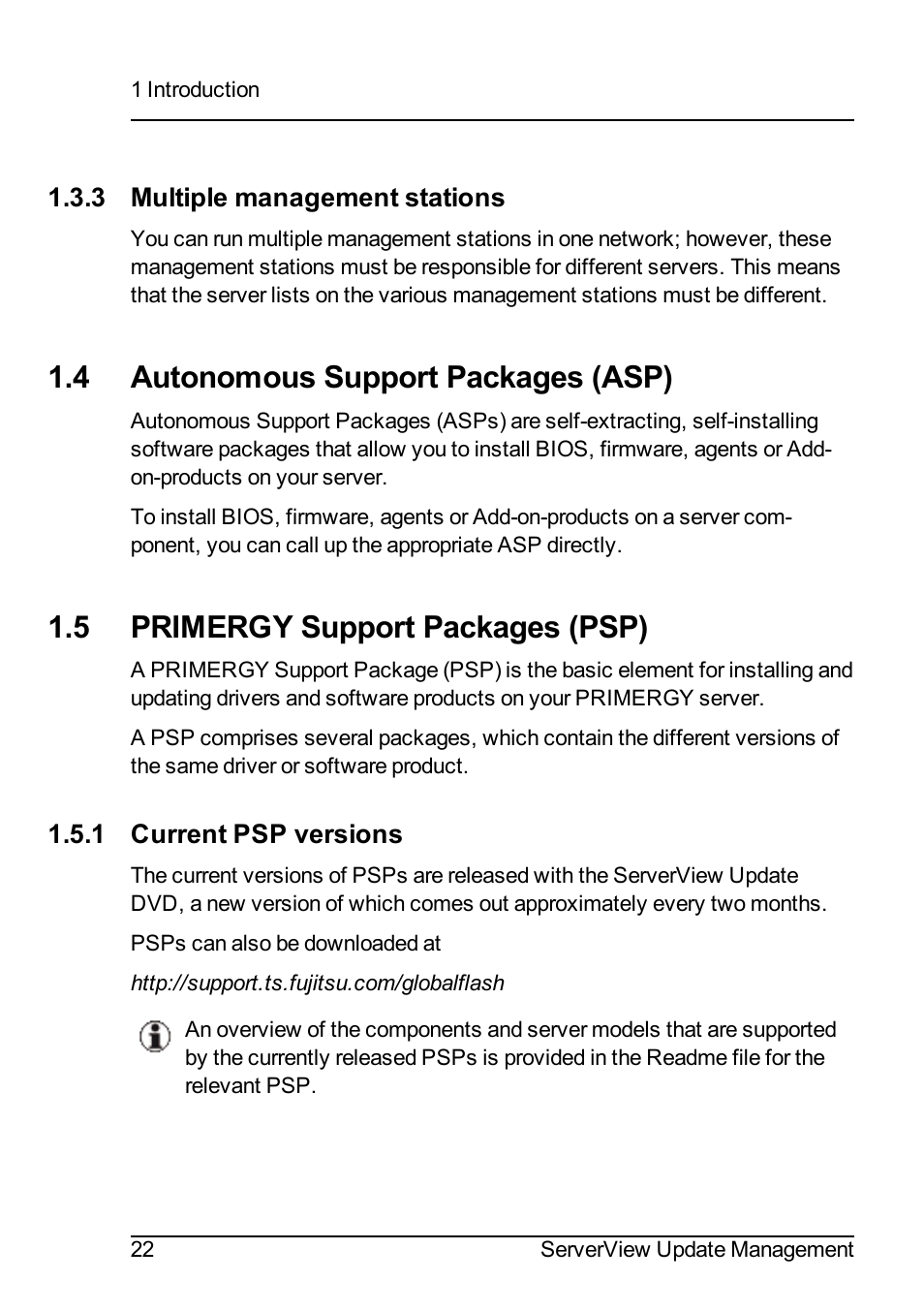 3 multiple management stations, 4 autonomous support packages (asp), 5 primergy support packages (psp) | 1 current psp versions | FUJITSU ServerView Suite V6.10 User Manual | Page 22 / 296