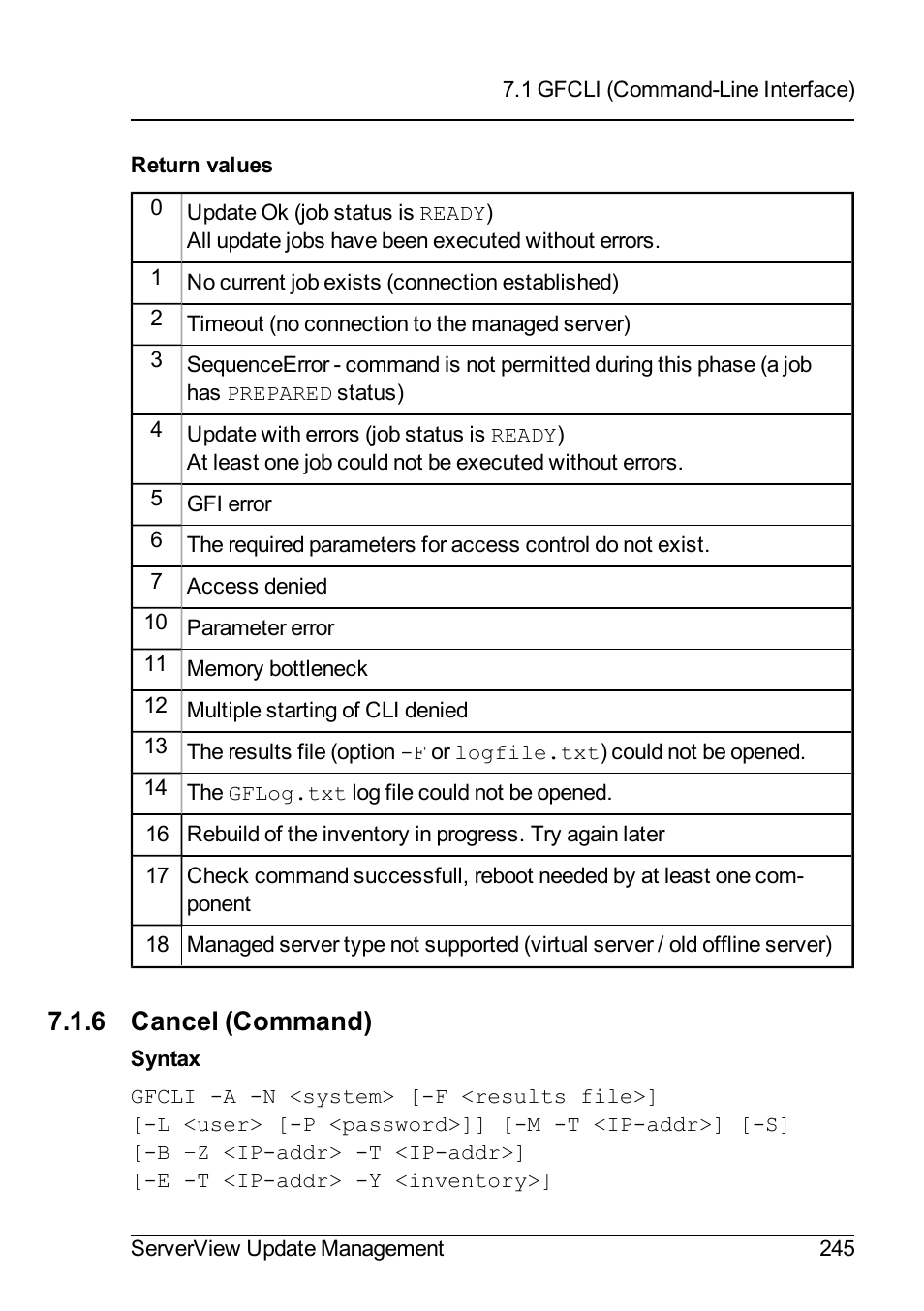 6 cancel (command) | FUJITSU ServerView Suite V6.10 User Manual | Page 245 / 296