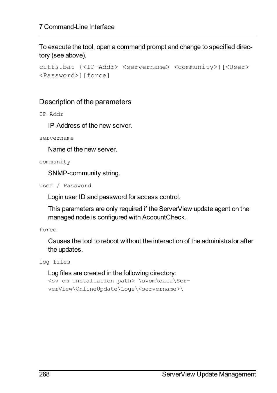 Description of the parameters | FUJITSU ServerView Suite V6.10 User Manual | Page 268 / 296