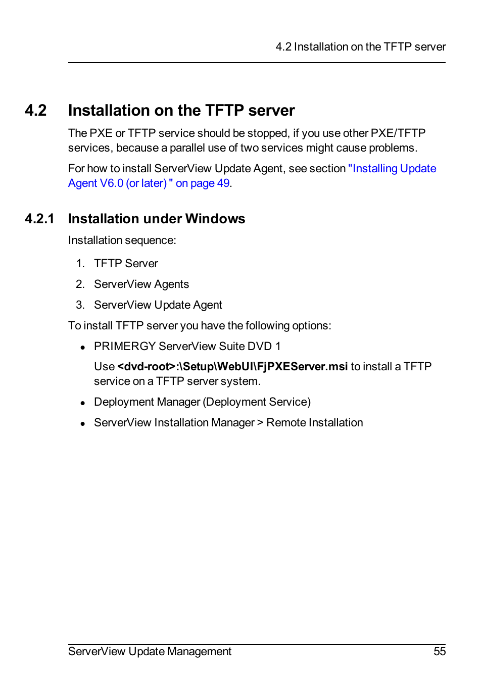 2 installation on the tftp server, 1 installation under windows, Installation under win | FUJITSU ServerView Suite V6.10 User Manual | Page 55 / 296
