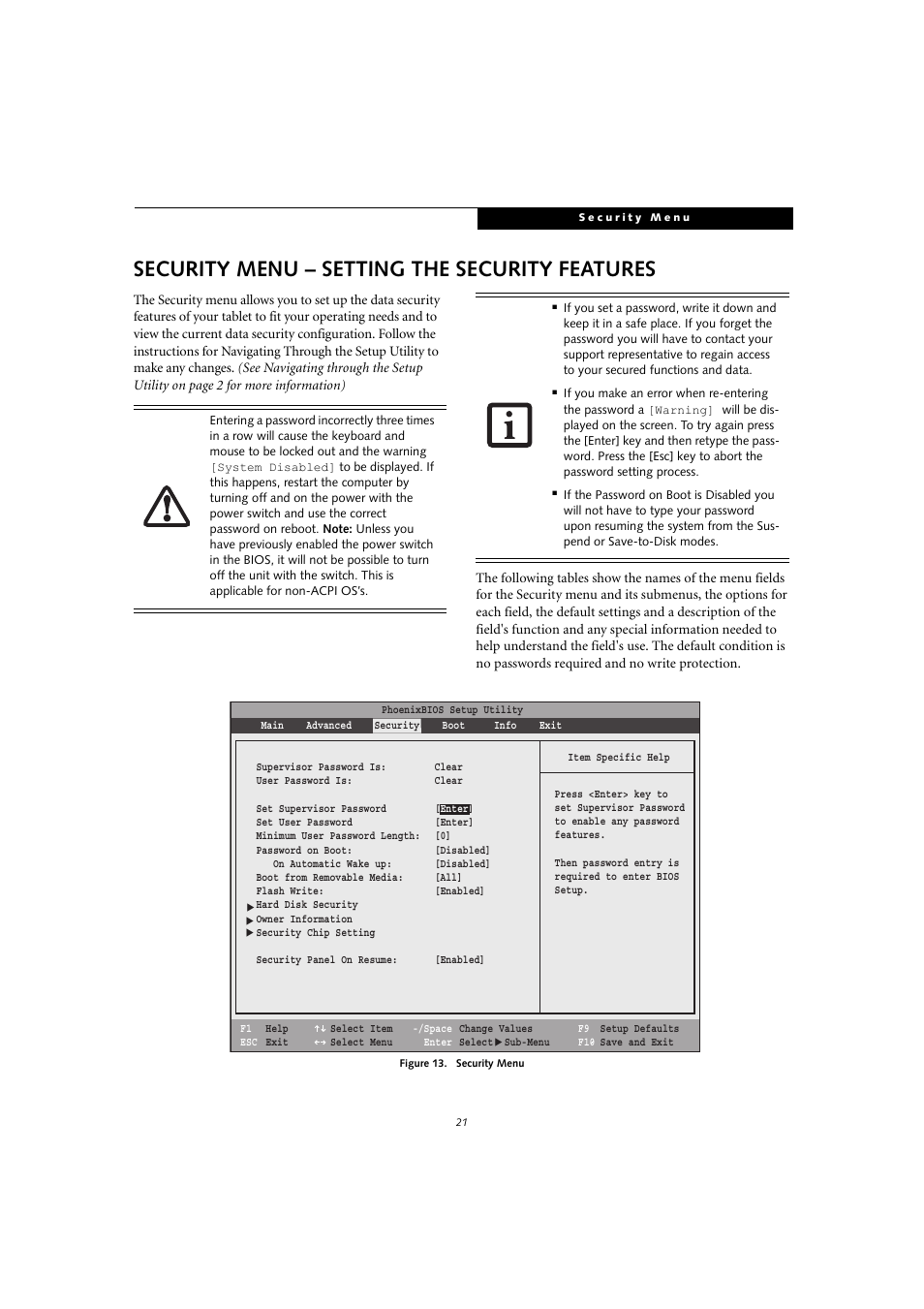 Security menu – setting the security features | FUJITSU T4010D User Manual | Page 21 / 29