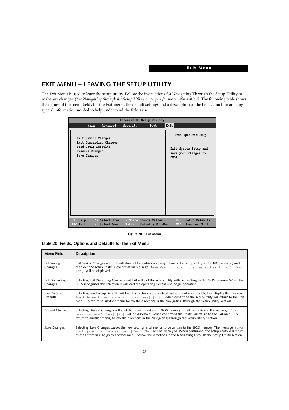 Exit menu – leaving the setup utility | FUJITSU T4010D User Manual | Page 29 / 29