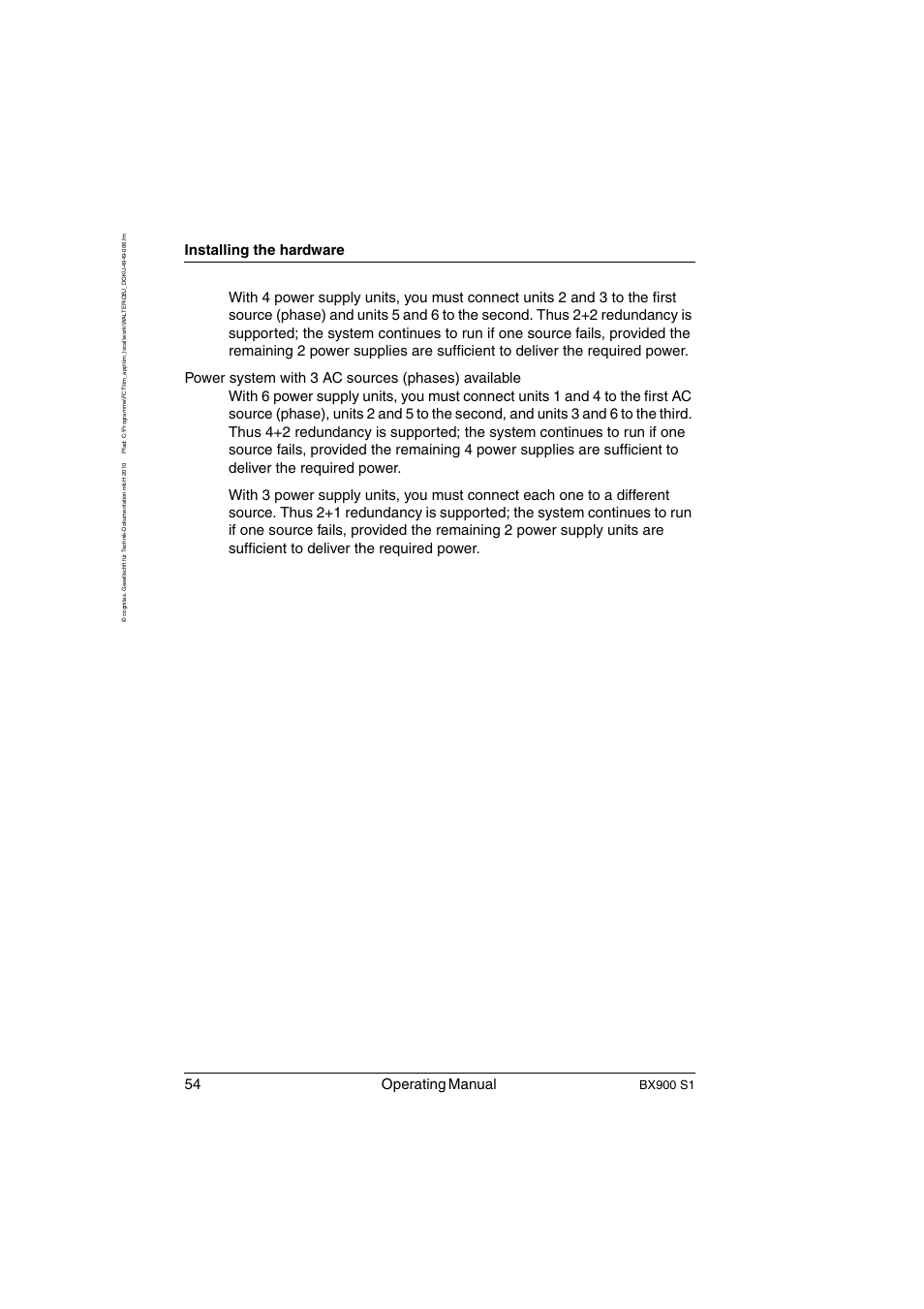 54 operating manual, Installing the hardware, Bx900 s1 | FUJITSU BX900 S1 User Manual | Page 54 / 144