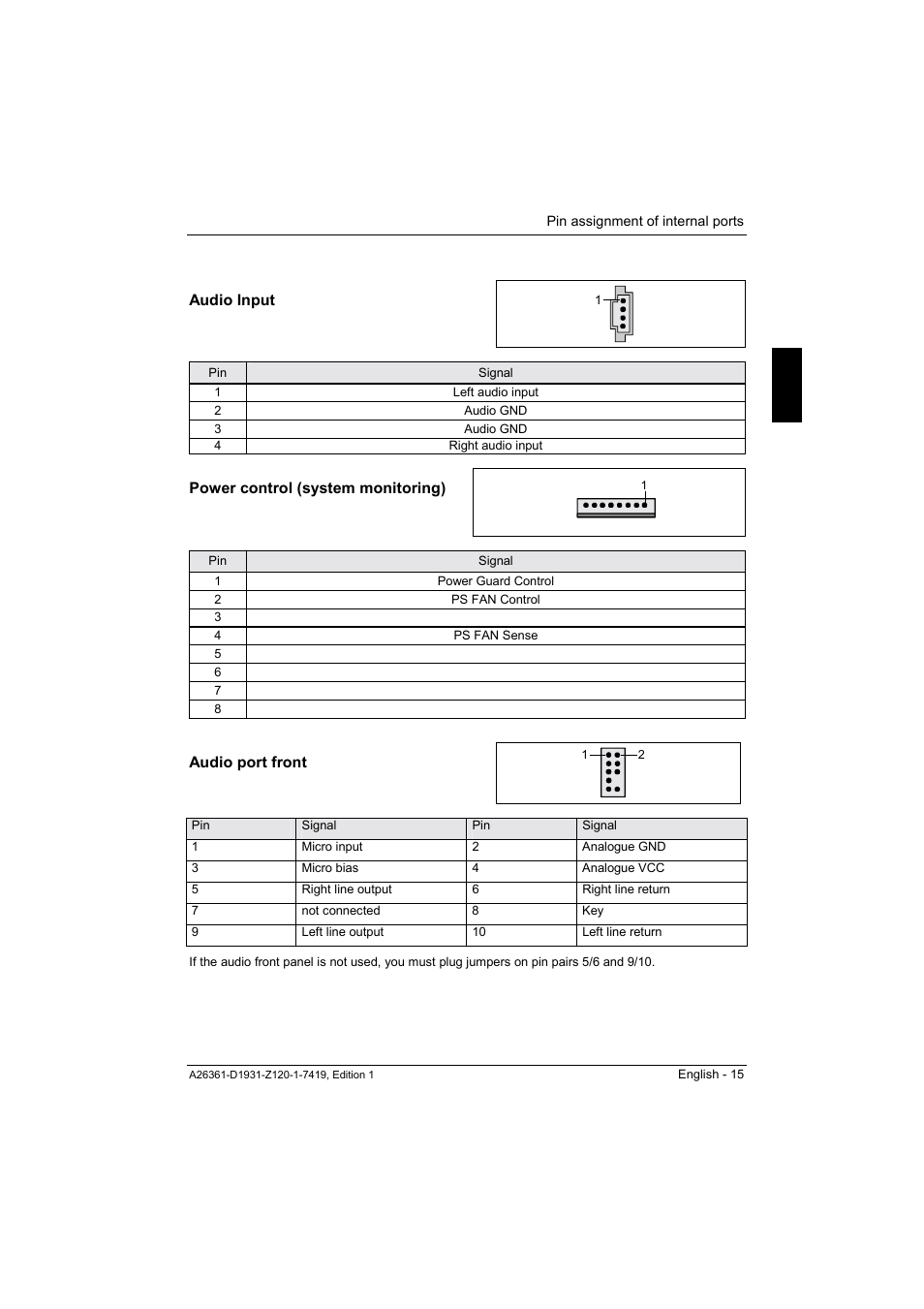 Audio input, Power control (system monitoring), Audio port front | FUJITSU Mainboard D1931 User Manual | Page 25 / 49