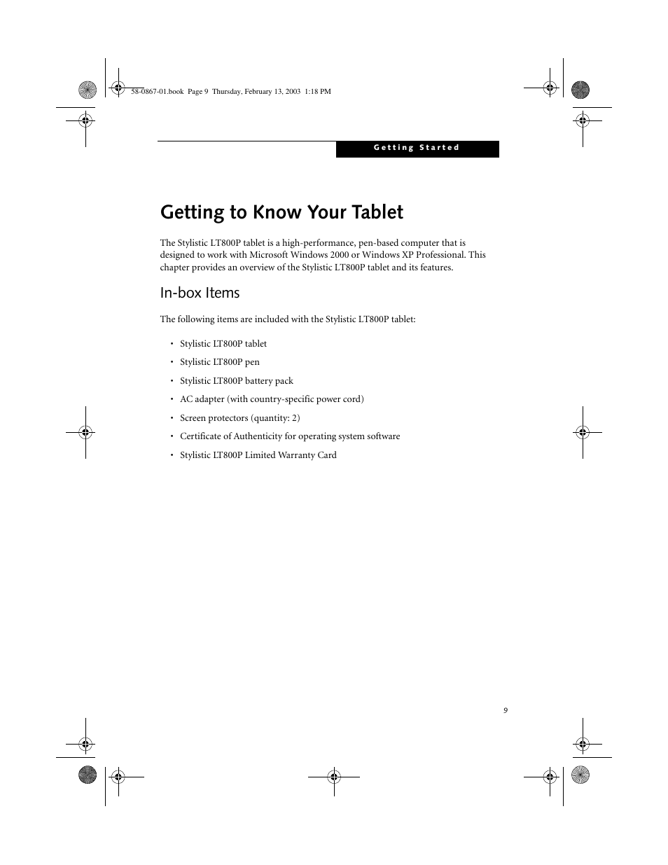 In-box items, Getting to know your tablet, In-box items 0 | FUJITSU LT800P User Manual | Page 11 / 102