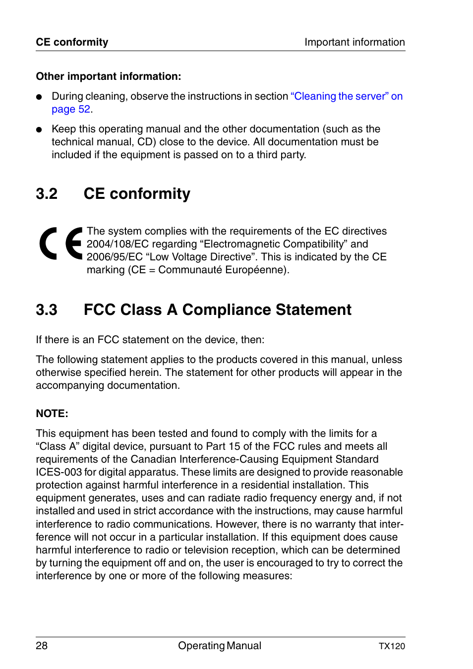 Ce conformity, Fcc class a compliance statement | FUJITSU TX120 User Manual | Page 28 / 82