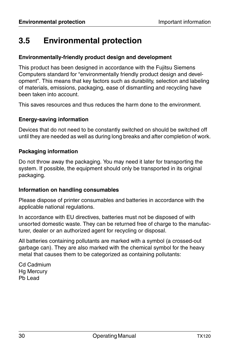 Environmental protection, 5 environmental protection | FUJITSU TX120 User Manual | Page 30 / 82
