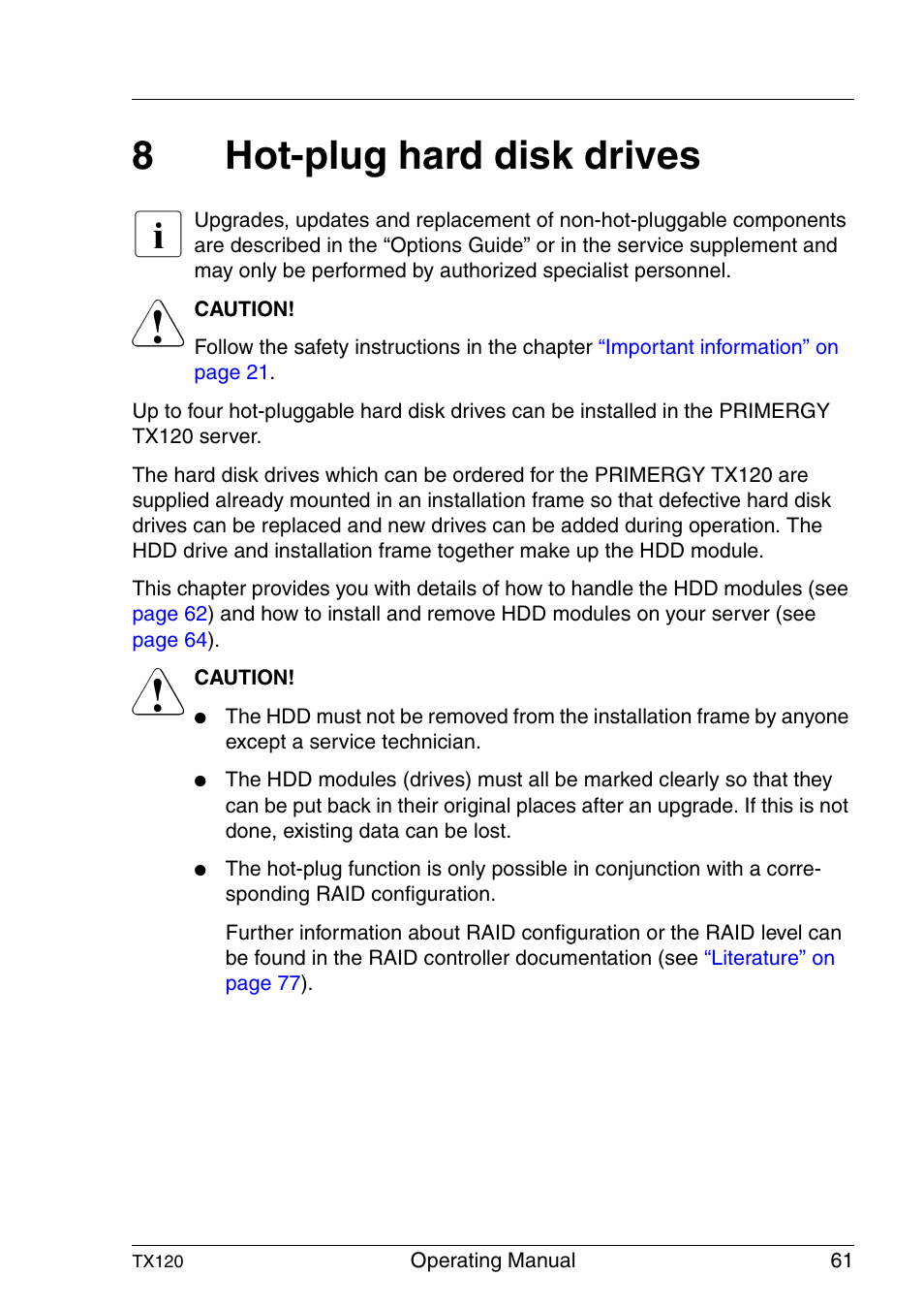 Hot-plug hard disk drives, 8hot-plug hard disk drives | FUJITSU TX120 User Manual | Page 61 / 82