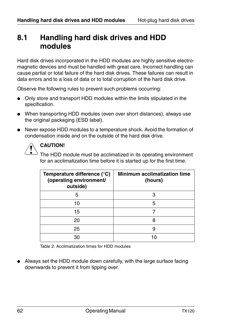 Handling hard disk drives and hdd modules, 1 handling hard disk drives and hdd modules | FUJITSU TX120 User Manual | Page 62 / 82