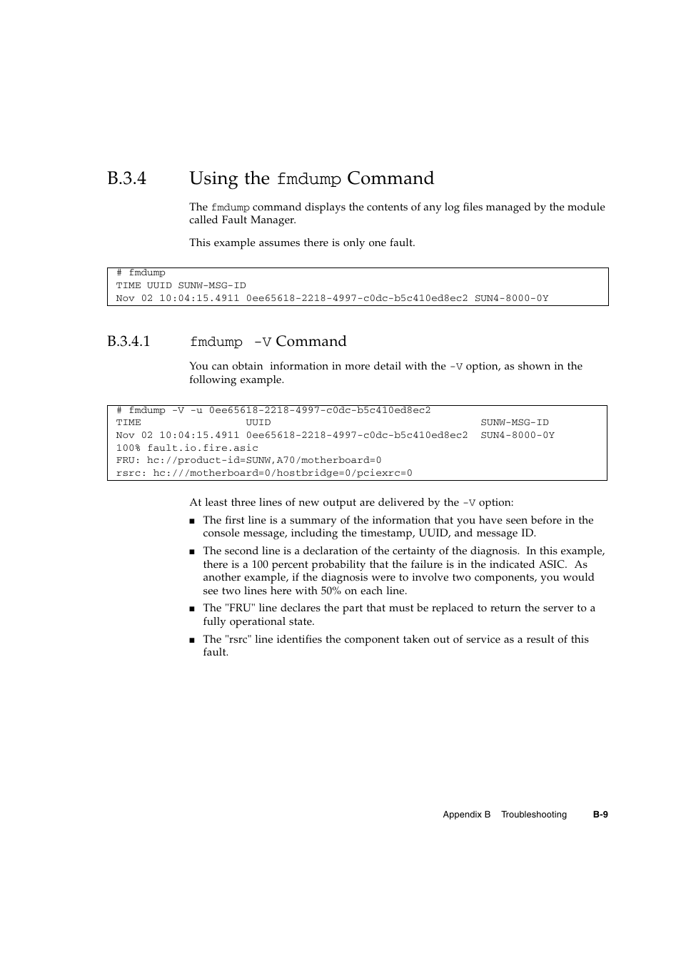 B.3.4 using the fmdump command, B.3.4.1 fmdump -v command, B.3.4 | Using the fmdump command, B.3.4.1, Fmdump -v command | FUJITSU M3000 User Manual | Page 73 / 76