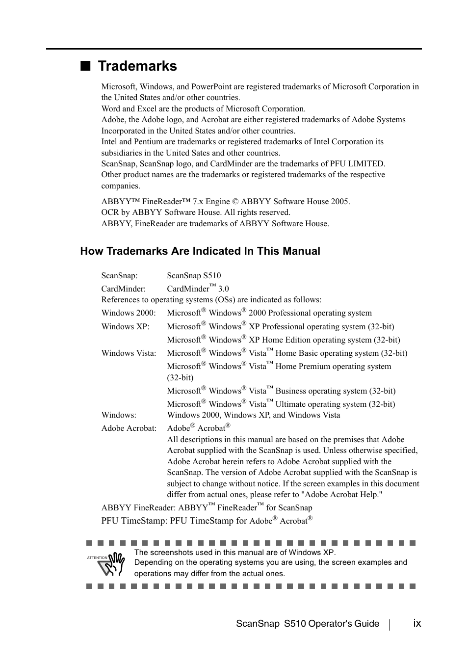 Trademarks, How trademarks are indicated in this manual | FUJITSU ScanSnap S510 User Manual | Page 11 / 287