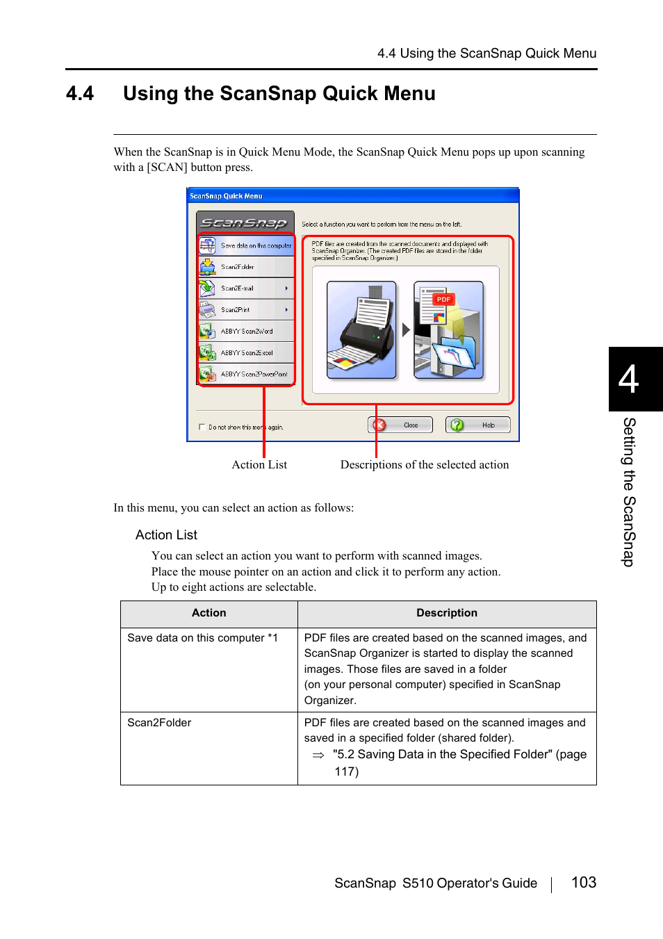 4 using the scansnap quick menu | FUJITSU ScanSnap S510 User Manual | Page 123 / 287