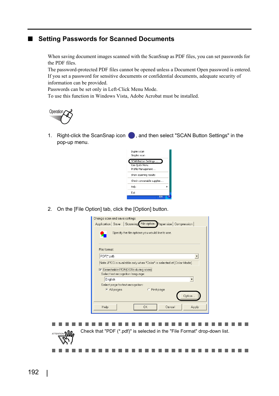 192 ■ setting passwords for scanned documents | FUJITSU ScanSnap S510 User Manual | Page 212 / 287