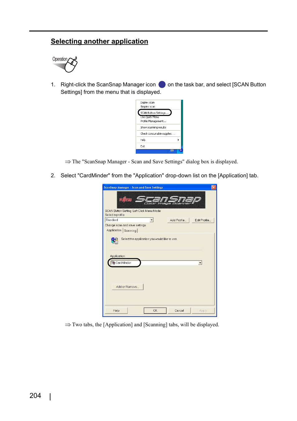 204 selecting another application | FUJITSU ScanSnap S510 User Manual | Page 224 / 287