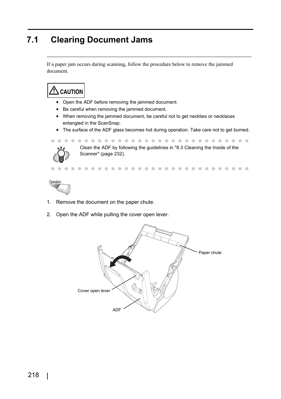 1 clearing document jams | FUJITSU ScanSnap S510 User Manual | Page 238 / 287