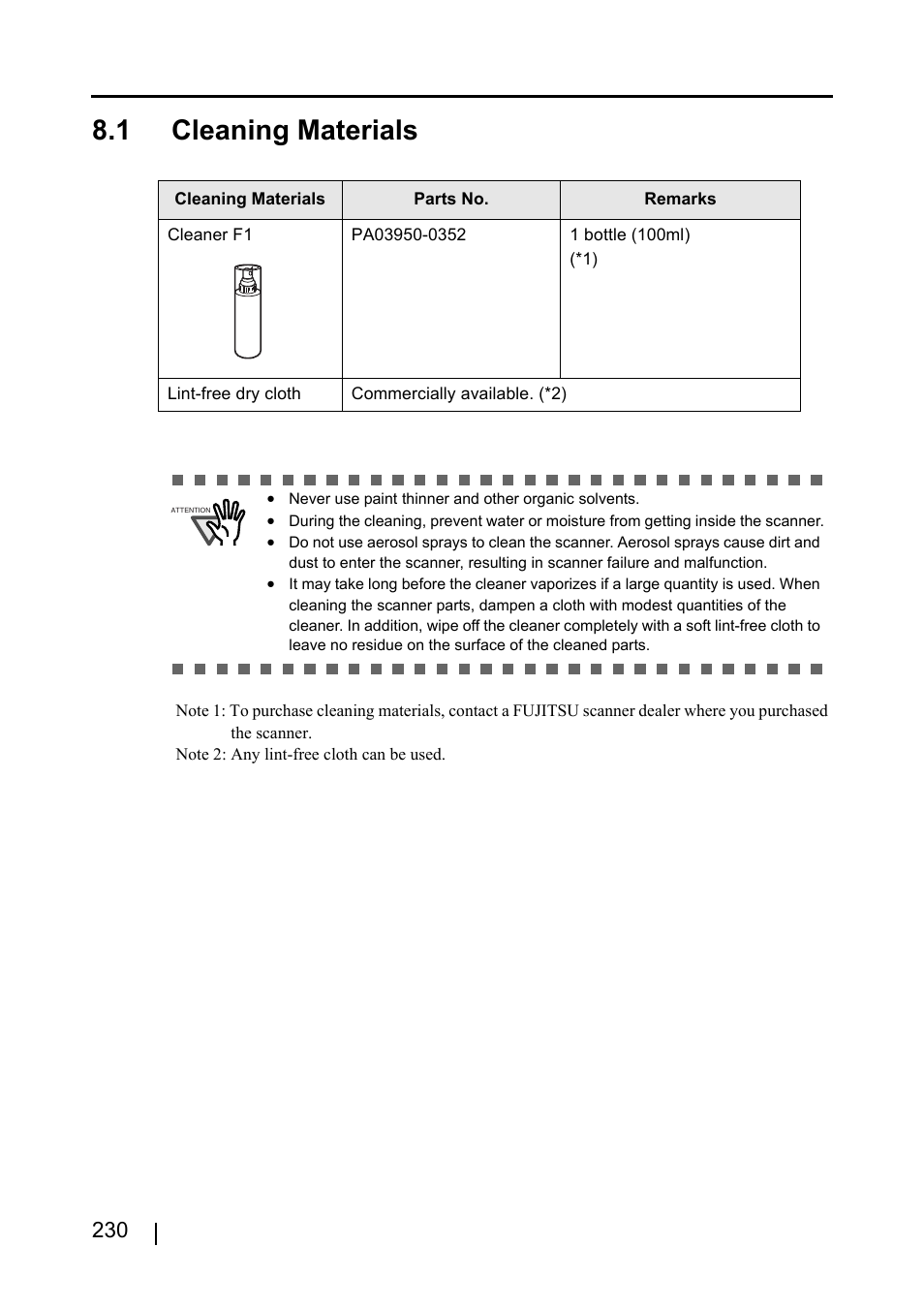 1 cleaning materials | FUJITSU ScanSnap S510 User Manual | Page 250 / 287
