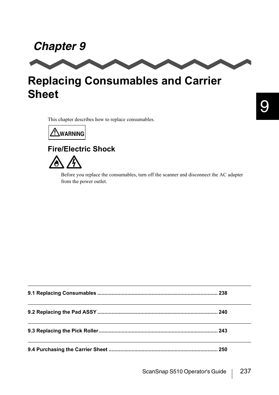 Chapter 9 replacing consumables and carrier sheet | FUJITSU ScanSnap S510 User Manual | Page 257 / 287