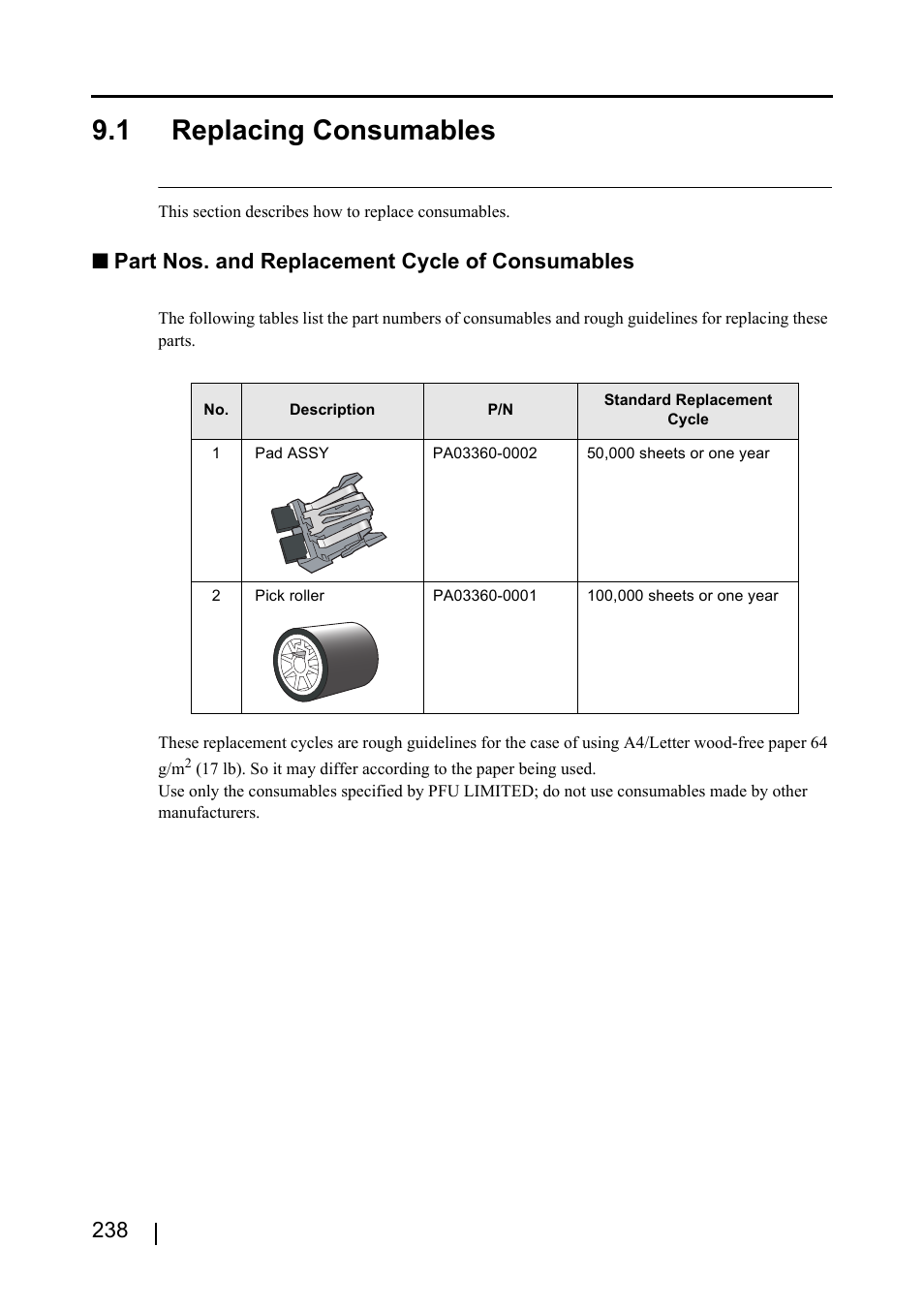 1 replacing consumables, Part nos. and replacement cycle of consumables | FUJITSU ScanSnap S510 User Manual | Page 258 / 287
