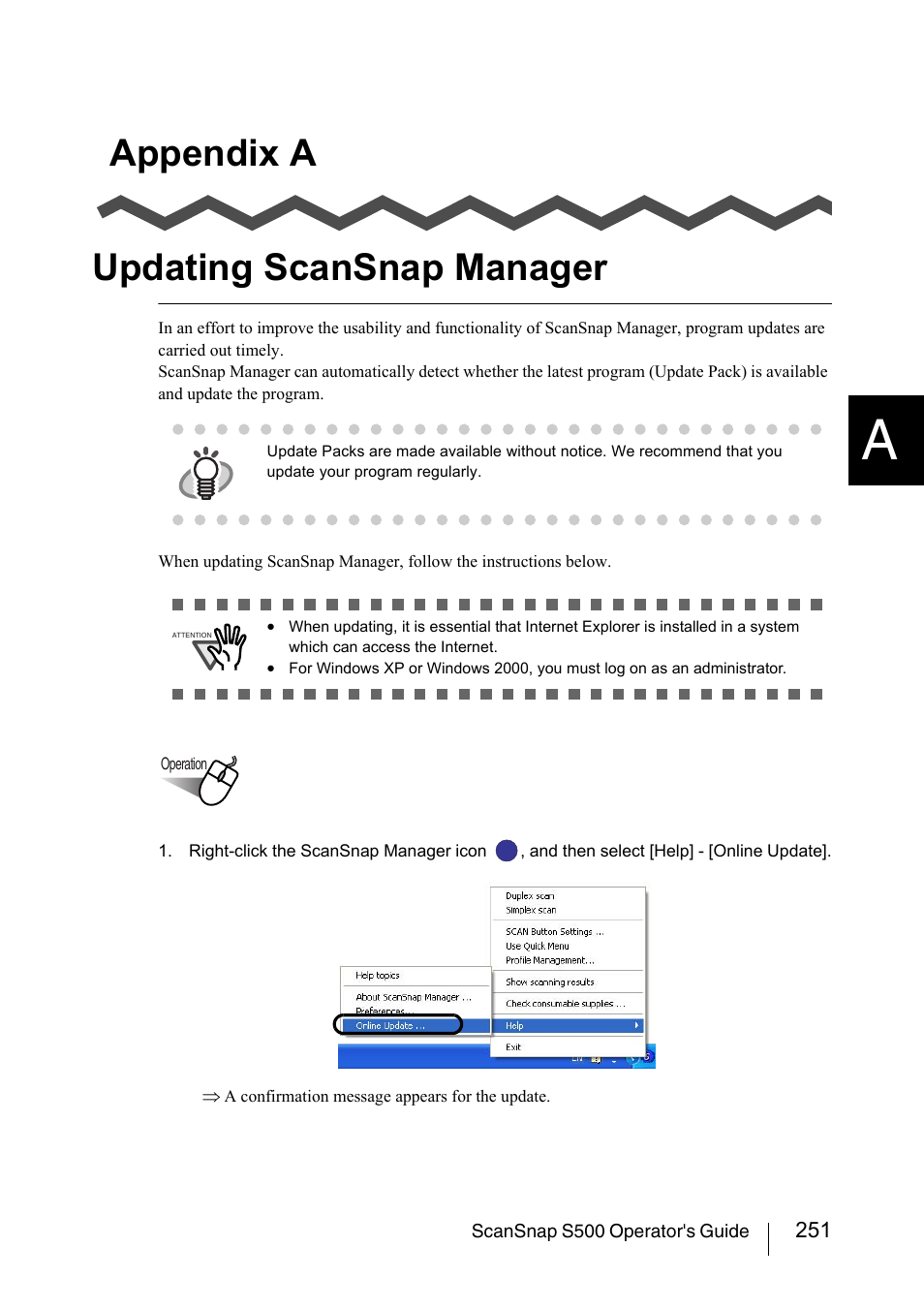 Appendix a updating scansnap manager | FUJITSU ScanSnap S510 User Manual | Page 271 / 287