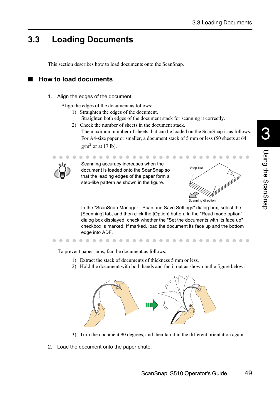 3 loading documents, Back bac k | FUJITSU ScanSnap S510 User Manual | Page 69 / 287