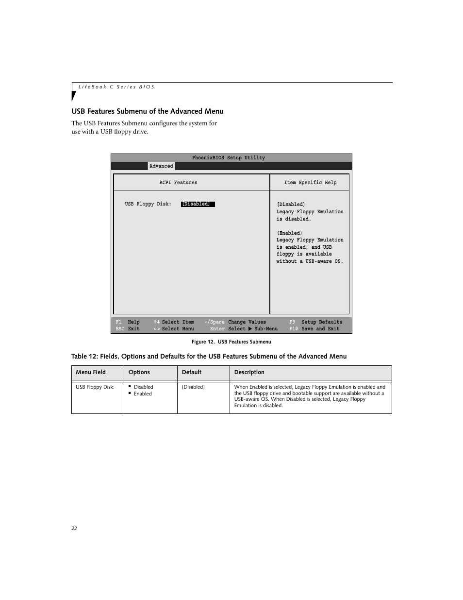 Usb features submenu of the advanced menu | FUJITSU C-6591 User Manual | Page 22 / 39