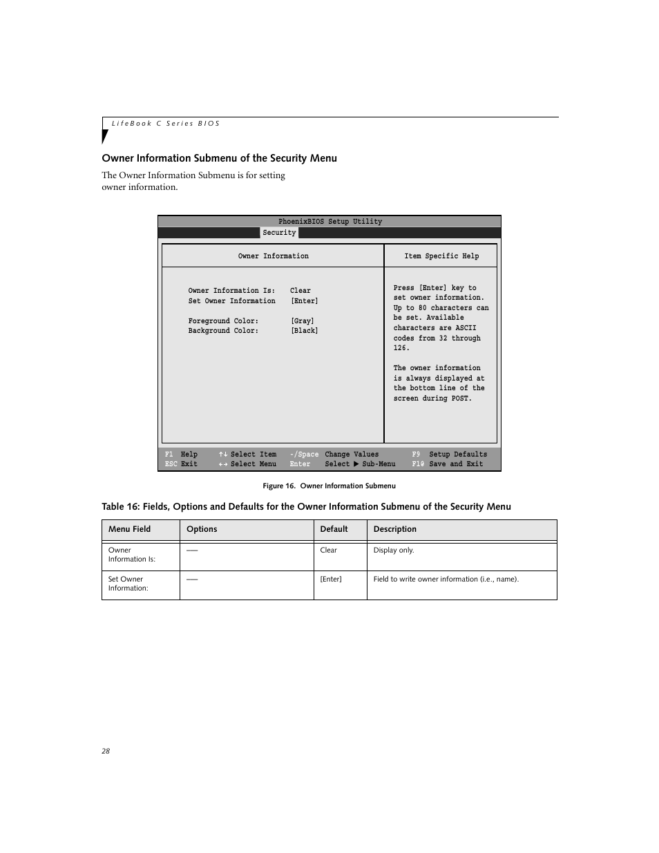 Owner information submenu of the security menu | FUJITSU C-6591 User Manual | Page 28 / 39