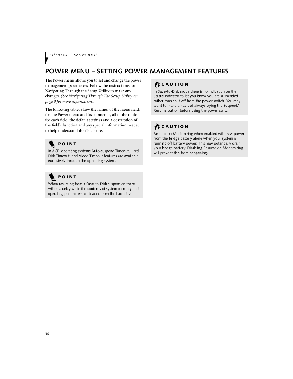 Power menu – setting power management features | FUJITSU C-6591 User Manual | Page 30 / 39