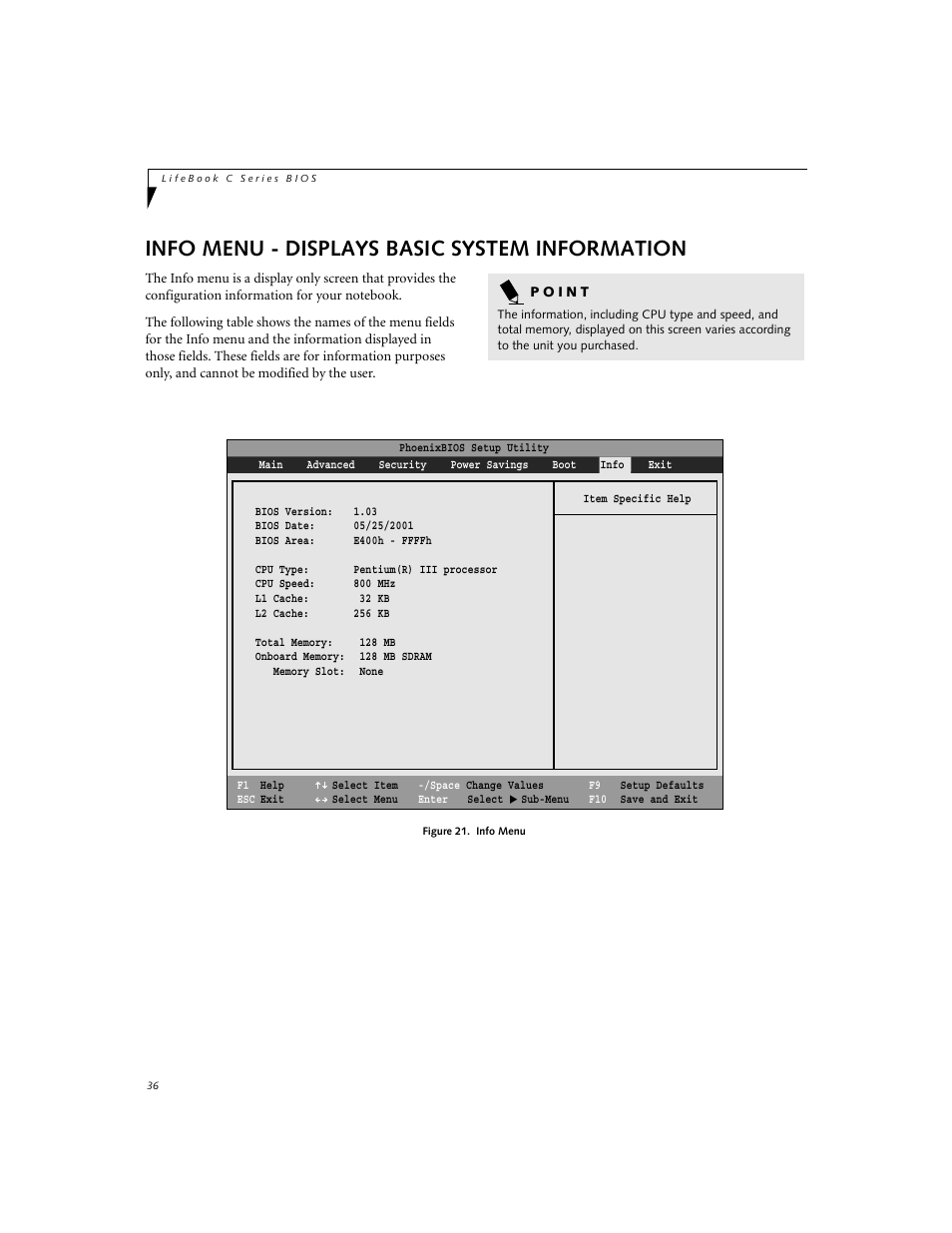 Info menu - displays basic system information | FUJITSU C-6591 User Manual | Page 36 / 39