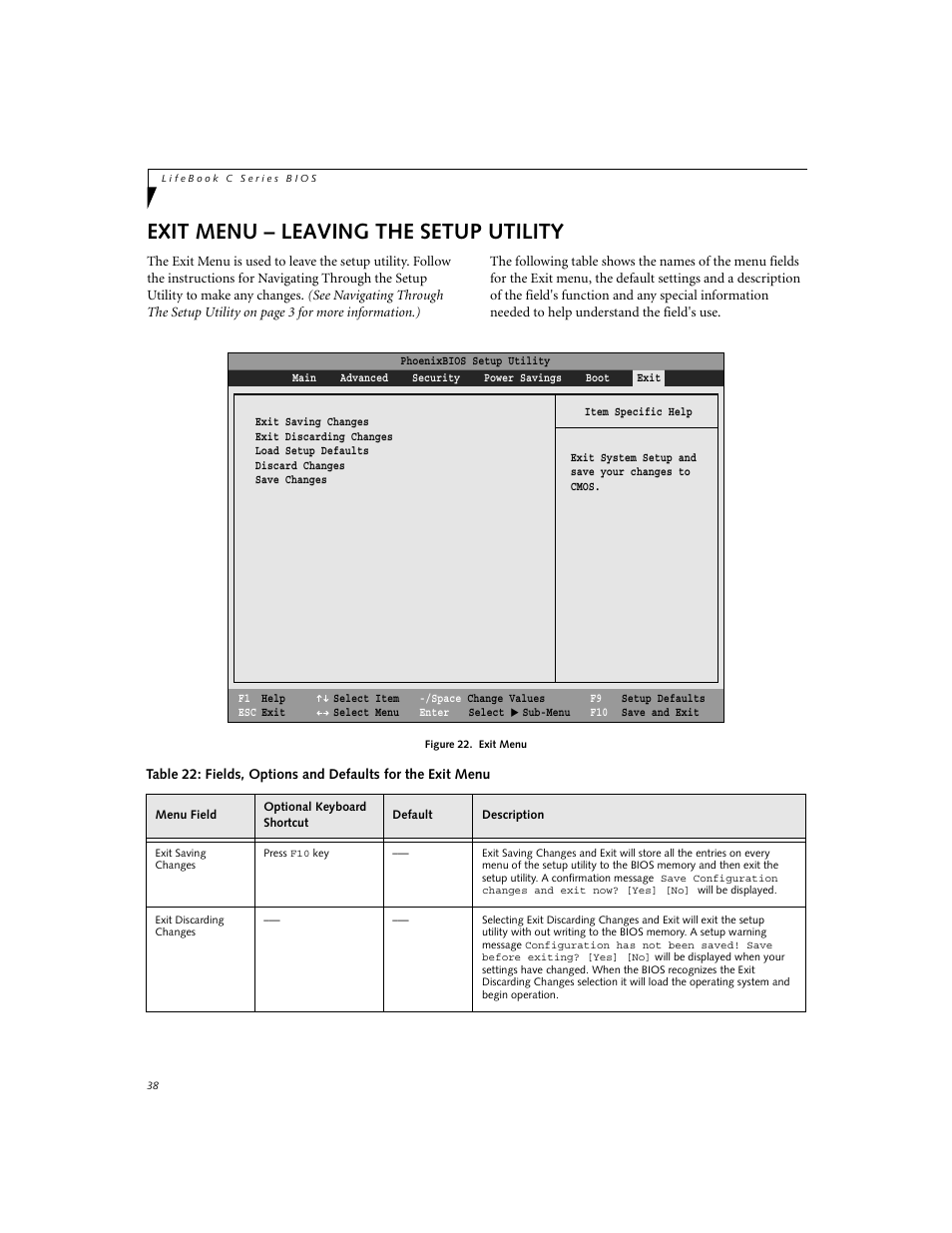 Exit menu – leaving the setup utility | FUJITSU C-6591 User Manual | Page 38 / 39