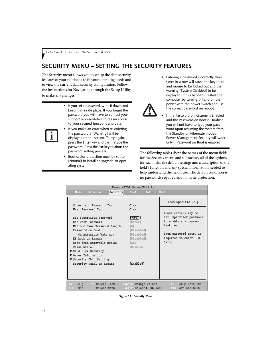 Security menu – setting the security features | FUJITSU B6210 User Manual | Page 18 / 29