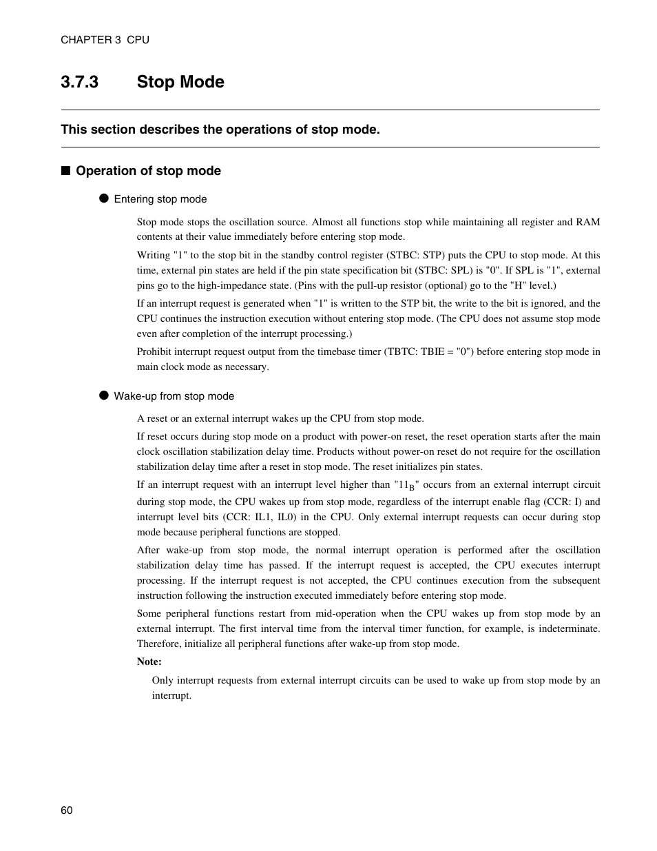 3 stop mode, Stop mode | FUJITSU Semiconductor Controller MB89950/950A User Manual | Page 74 / 318